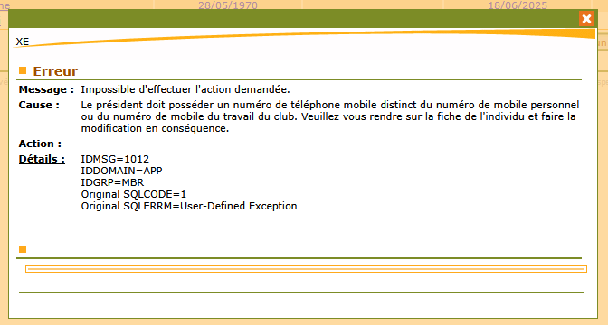 Message d’erreur lors de la validation du bureau sur FootClubs