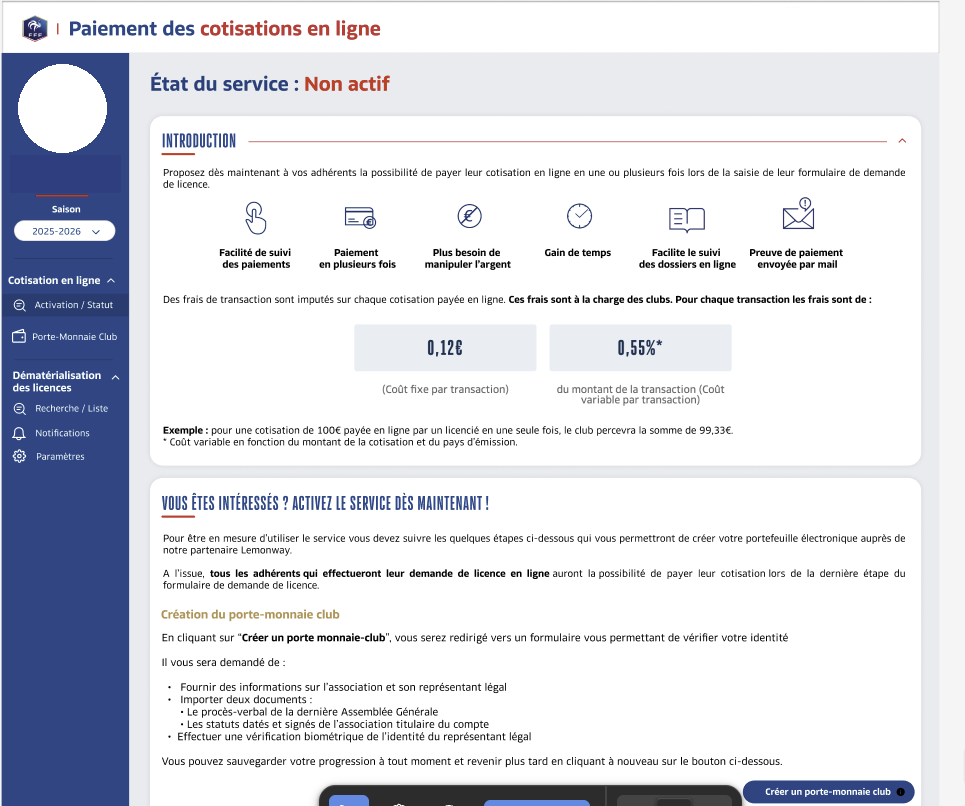 Écran Paiement des cotisations en ligne avec l'état du service Non actif et le bouton Créer un porte-monnaie club