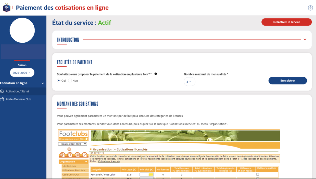 État du service Actif avec le paramétrage du paiement en plusieurs fois et du nombre maximal de mensualités