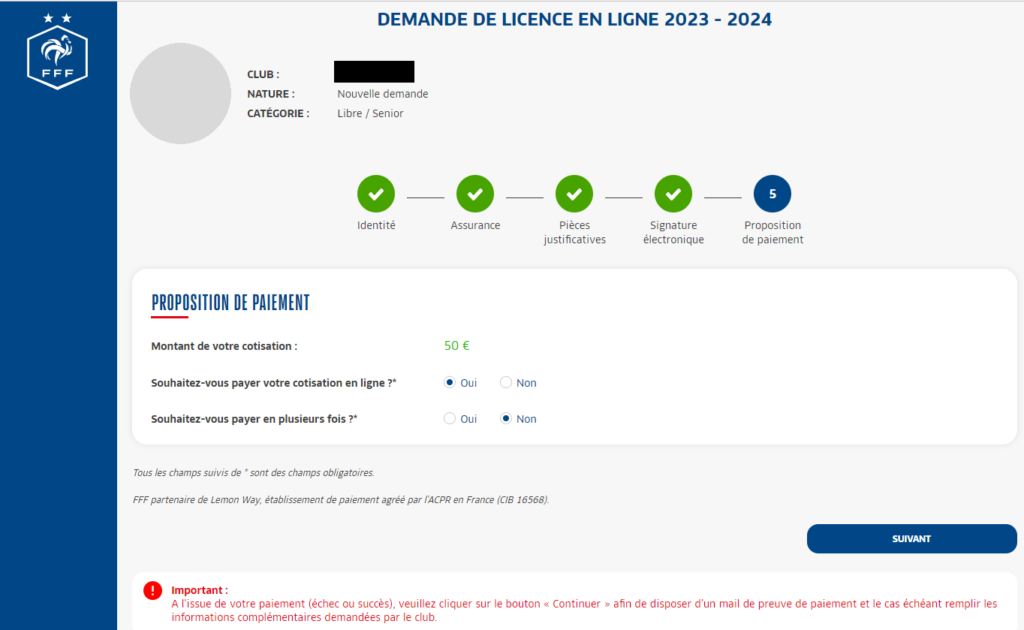 Étape 5 Proposition de paiement du formulaire de demande de licence en ligne FFF avec le bouton Suivant