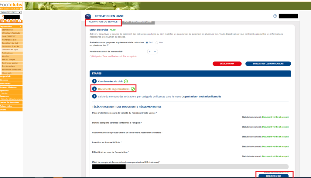 Onglet Activation du service de la cotisation en ligne Footclubs, rubrique Documents réglementaires et bouton Modifier le RIB