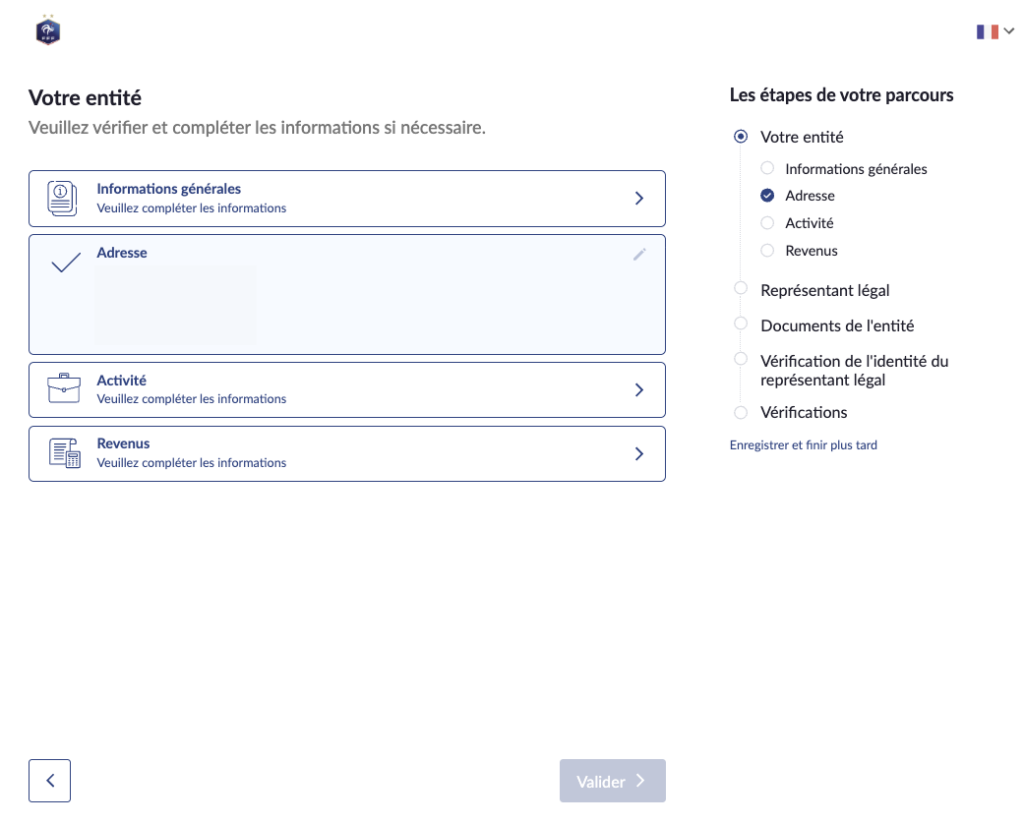 Formulaire Online Onboarding Lemonway, étape Votre entité, avec les étapes du parcours et le lien Enregistrer et finir plus tard