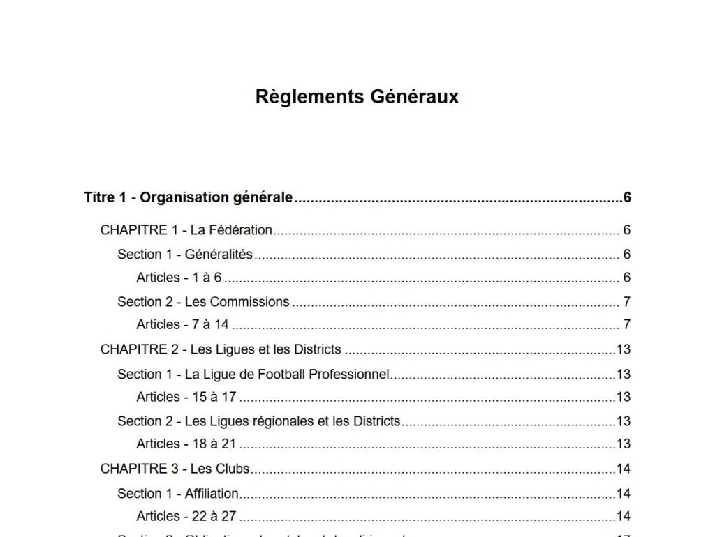 Sommaire des Règlements Généraux de la FFF