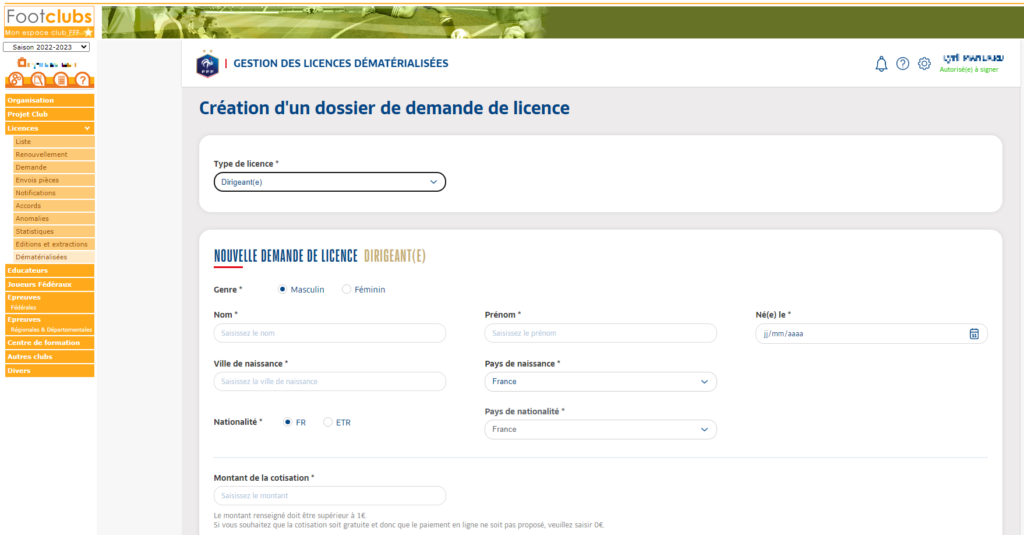 Formulaire de création d'une demande de licence FFF dans Footclubs avec montant de la cotisation
