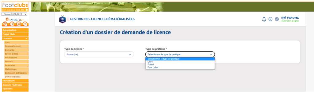 Choix du type de pratique pour une licence joueur FFF : Libre, Futsal ou Foot Loisir